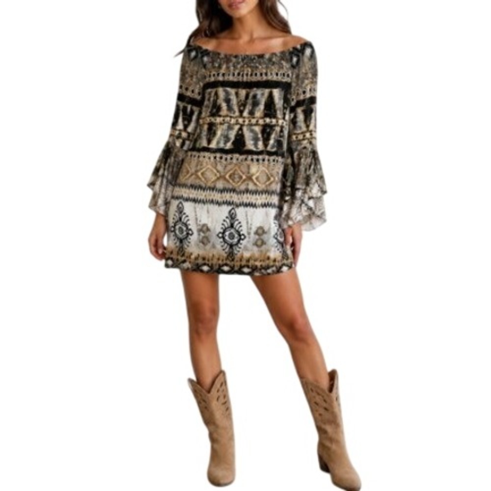 Parker Mini‎ Dress XS Black Gray Tan Gold Abstract Stretch Bell Sleeve Boho Chic